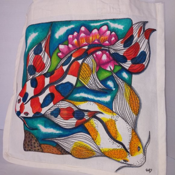 Handmade Tote Bag With Two Hand Painted Butterfly Koi Fish in Pond With Lotus - Picture 11 of 15